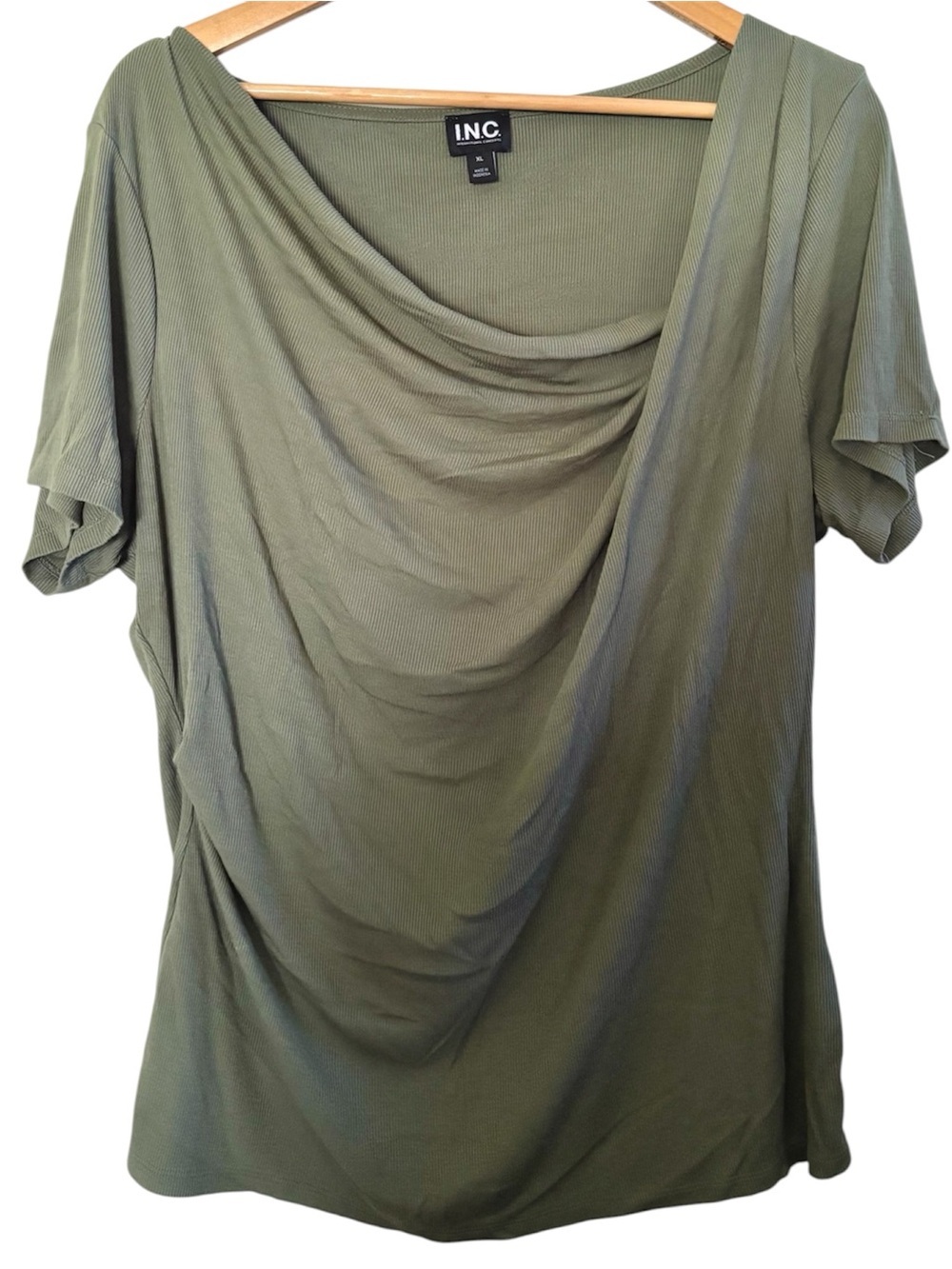 💥 INC International Concepts Short Sleeve Olive Asymmetric Cowl Neck Top